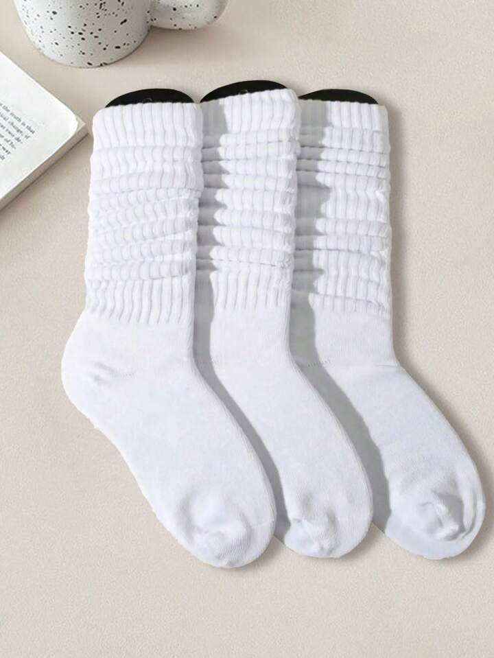 3pairs White Solid Color Basic Pile Heap Socks Mid-Length | SHEIN