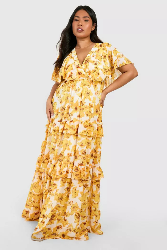 Plus Floral Print Angel Sleeve Maxi Dress | boohoo (US & Canada)