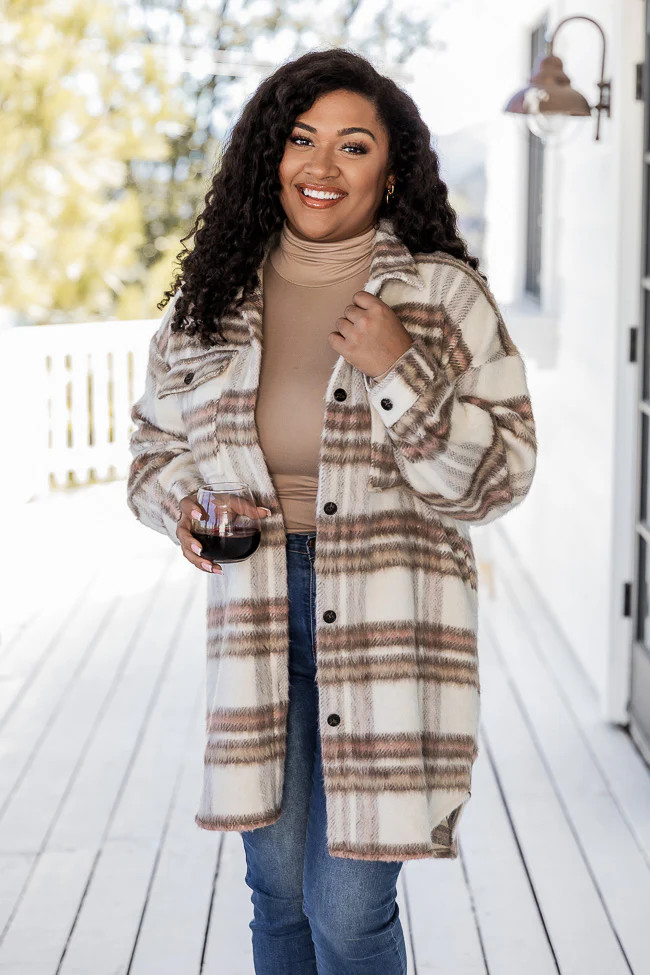 Heard About Us Pink And Beige Plaid Long Shacket | Pink Lily