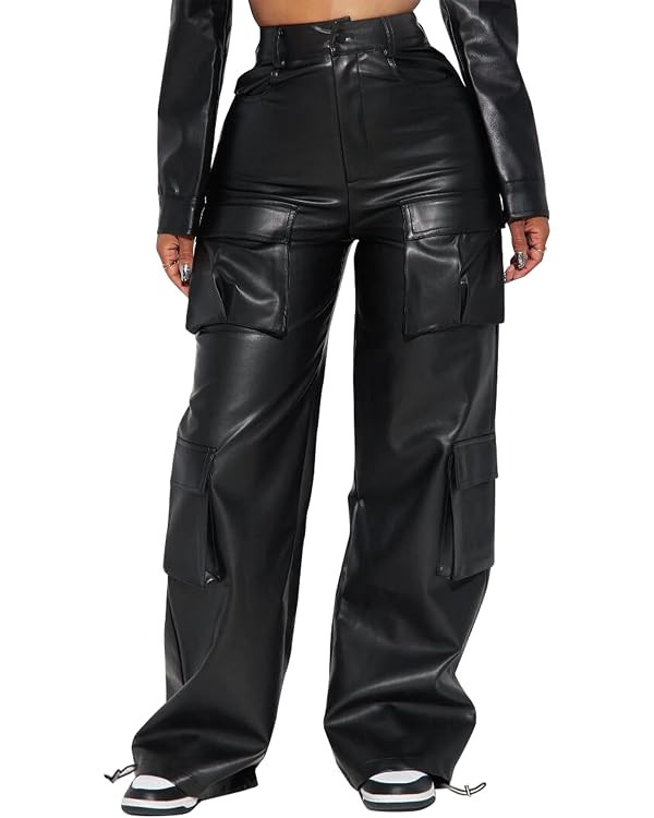 EZAPINE Women's Faux Leather Cargo Pants High Waisted Y2K Relaxed Pants with Pockets | Amazon (US)