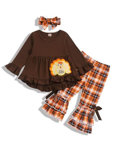 Gavol Toddler Baby Girl Thanksgiving Outfits Turkey Dress Top+Plaid Flares Pant Toddler Girl Thanksgiving Clothes Set (brown, 4-5T) | Amazon (US)