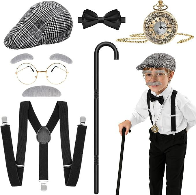 Lenski 100 Days of School Costume, Old Man Costume for Kids with Cane, Suspenders, Hat, Glasses, ... | Amazon (US)