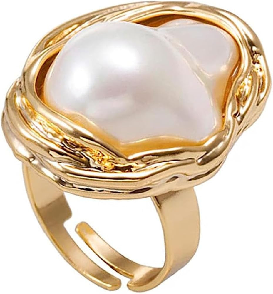 Gold Plated Shell Pearl Rings for Women Open Rings,Vintage Irregular Gold Pearl Rings Open Midi F... | Amazon (US)