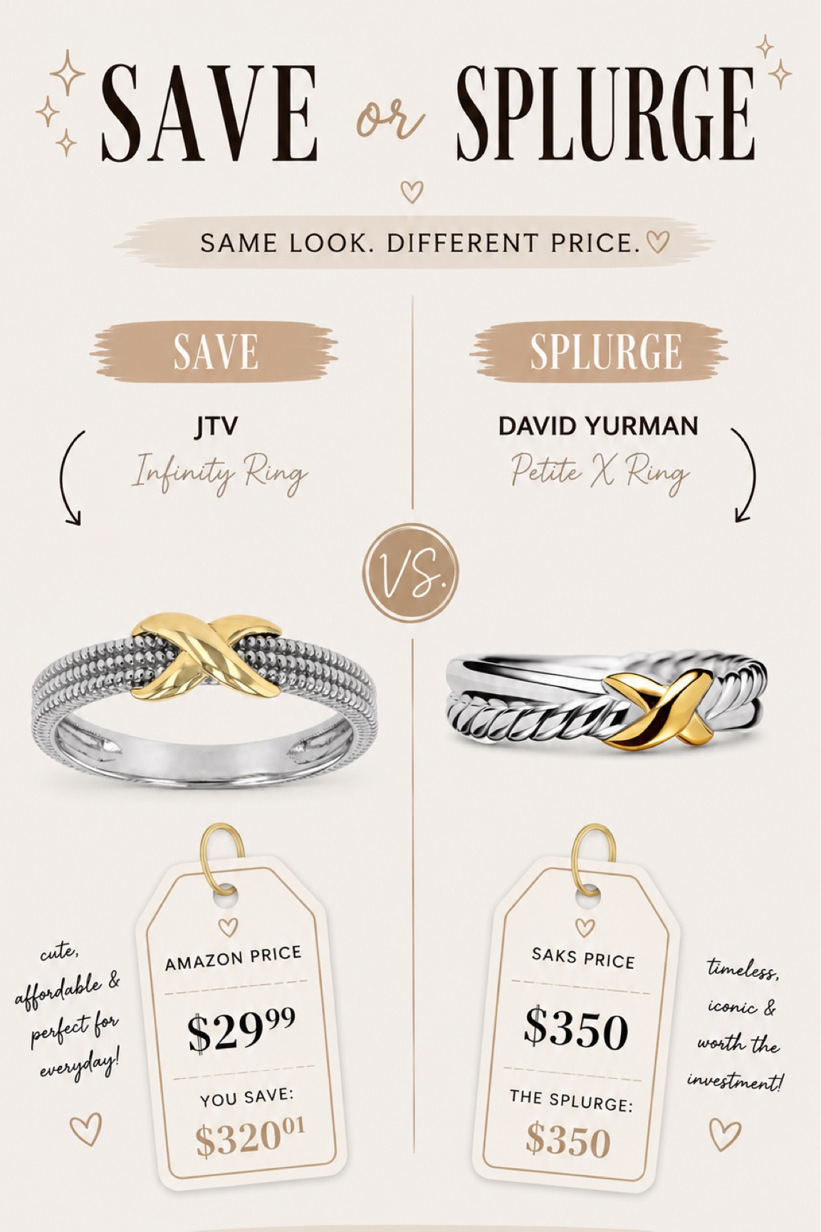 Designer vibes without the designer price tag? 👀✨

I’m obsessed with a good Save vs. Splurge moment and these rings are giving luxury energy either way. One is the iconic David Yurman Petite X Ring… the other is an Amazon find that looks shockingly similar for way less. 💍

Honestly, if nobody told me the prices first, I’d be staring at them like a fashion detective with a magnifying glass and an iced coffee. ☕🕵️‍♀️

So tell me…
Are you TEAM SAVE or TEAM SPLURGE? 👇

#saveorsplurge #amazonfinds #luxurylookforless #davidyurmaninspired #designerinspired #affordableluxury #amazonfashionfinds #ringstack #jewelrylover #fashionfinds #luxurystyle #budgetfriendlyfashion #designerdupe #everydayjewelry #amazonstyle #fashioninspo #styleinspo #jewelryaddict #ootdstyle 

#LTKSaleAlert #LTKootd #LTKgrwm