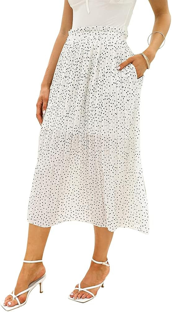 EXLURA Womens High Waist Polka Dot Pleated Skirt Midi Swing Skirt with Pockets | Amazon (US)
