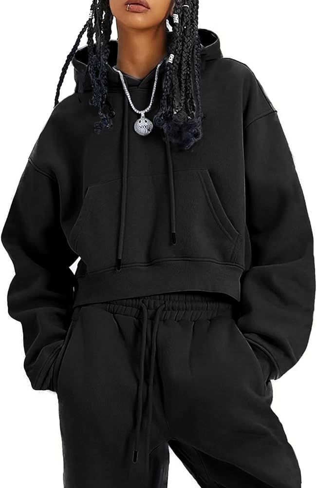 COZYPOIN Women’s Fleece 2 Piece Outfits Sweatsuit Crop Top And Joggers Pants Hoodie Pullover Tr... | Amazon (US)
