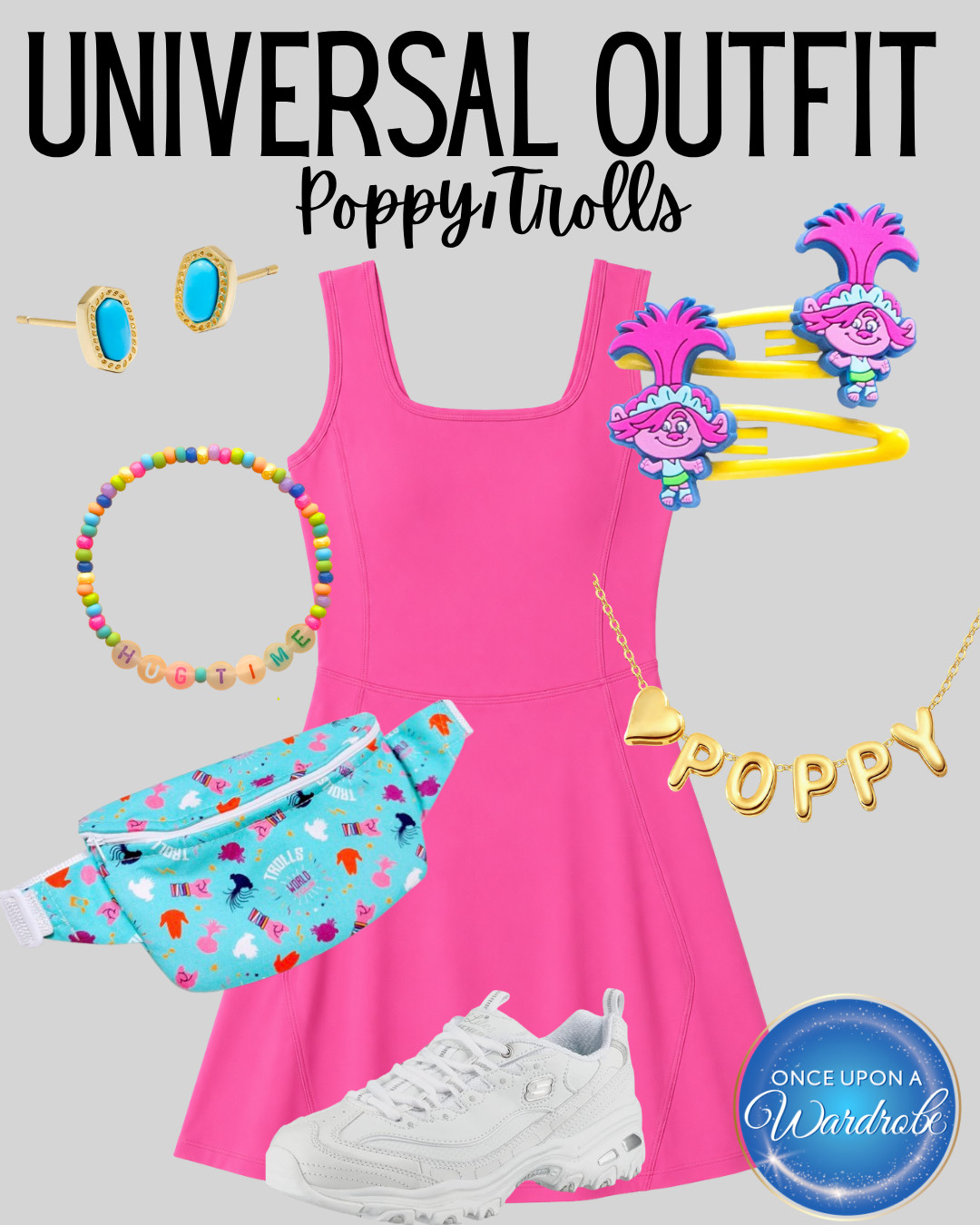 This Poppy-inspired outfit is perfect for DreamWorks Land at Universal Studios Orlando. The bright pink dress, colorful accessories, white sneakers, Trolls belt bag, Poppy necklace, and playful hair clips create a cute and comfortable theme park outfit for women. Save this Universal outfit idea for your next Universal Orlando vacation, DreamWorks Land day, or Trolls-inspired park look. 

 #LTKootd #LTKmomlife #LTKTravel