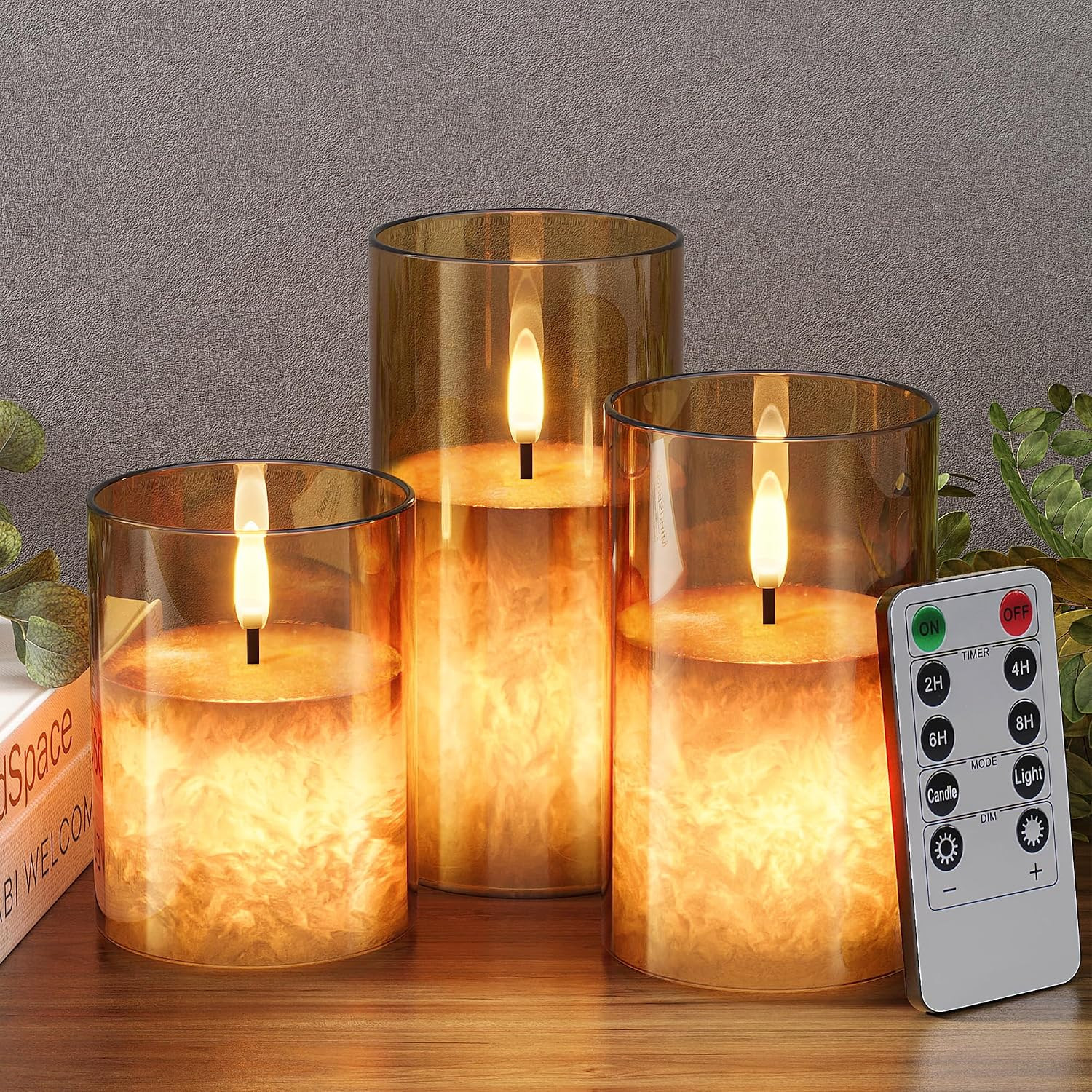 Battery Operated Flameless Candles with Remote & Timer, Gold Glass 3Pack | Amazon (US)
