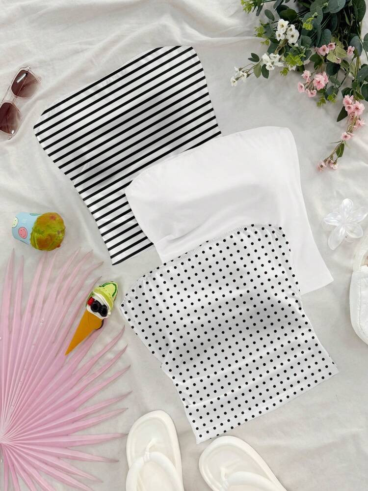 Soleia 3pcs Women Vintage Versatile Comfortable Vacation Striped & Polka Dot Print Blouse Set, Suitable For Outings, Weddings, Birthdays, Beach, Parties | SHEIN