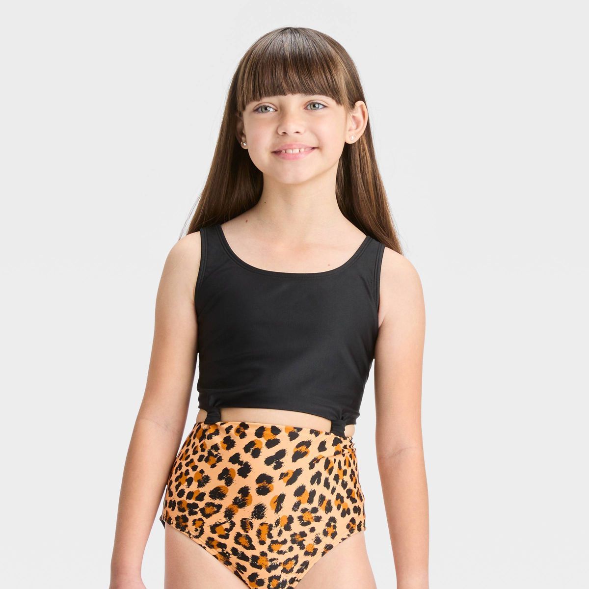 Girls' Leopard Print Knotted One Piece Swimsuit - art class™ Black | Target
