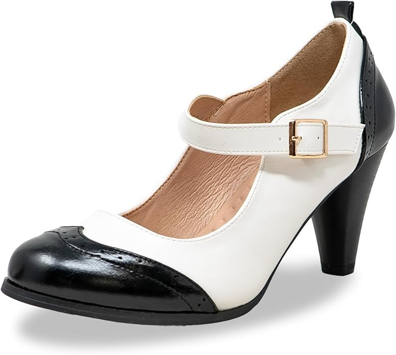 Chase & Chloe Women's Round Toe Two Tone Mary Jane Pumps | Amazon (US)