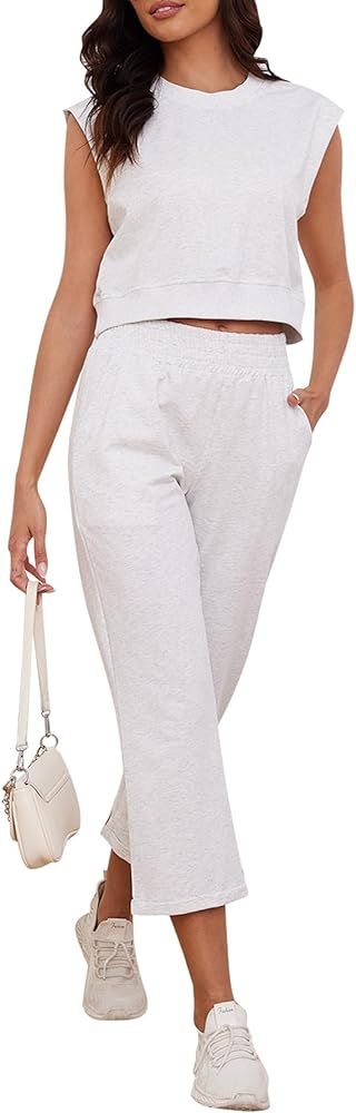 Womens Summer 2 Piece Outfits Sleeveless Crewneck Top Sweatpant Lounge Set Active Sweatsuit with ... | Amazon (US)