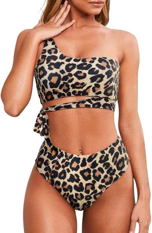 MOOSLOVER Women's High Waisted One Shoulder Tie High Cut Two Piece Bikini Swimsuits | Amazon (US)