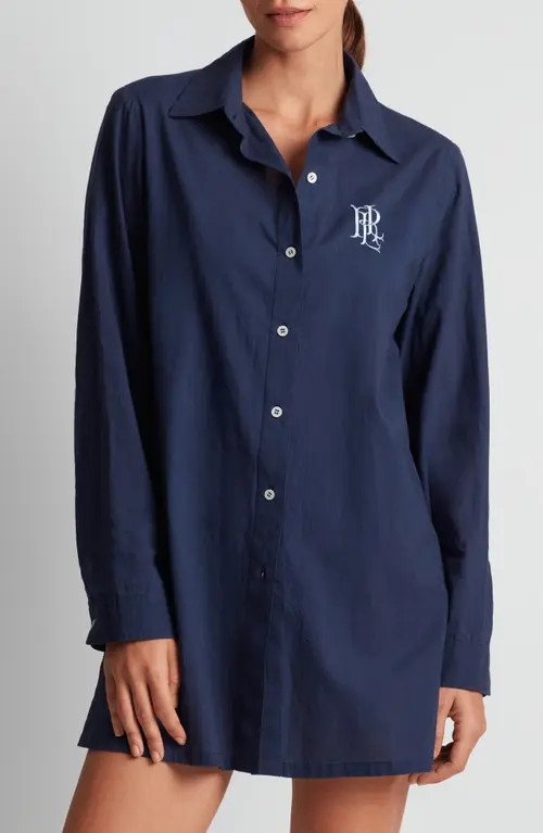 Lauren Ralph Lauren Embroidered Logo Organic Cotton Cover-Up Shirtdress in Dark Navy at Nordstrom, Size Small | Nordstrom