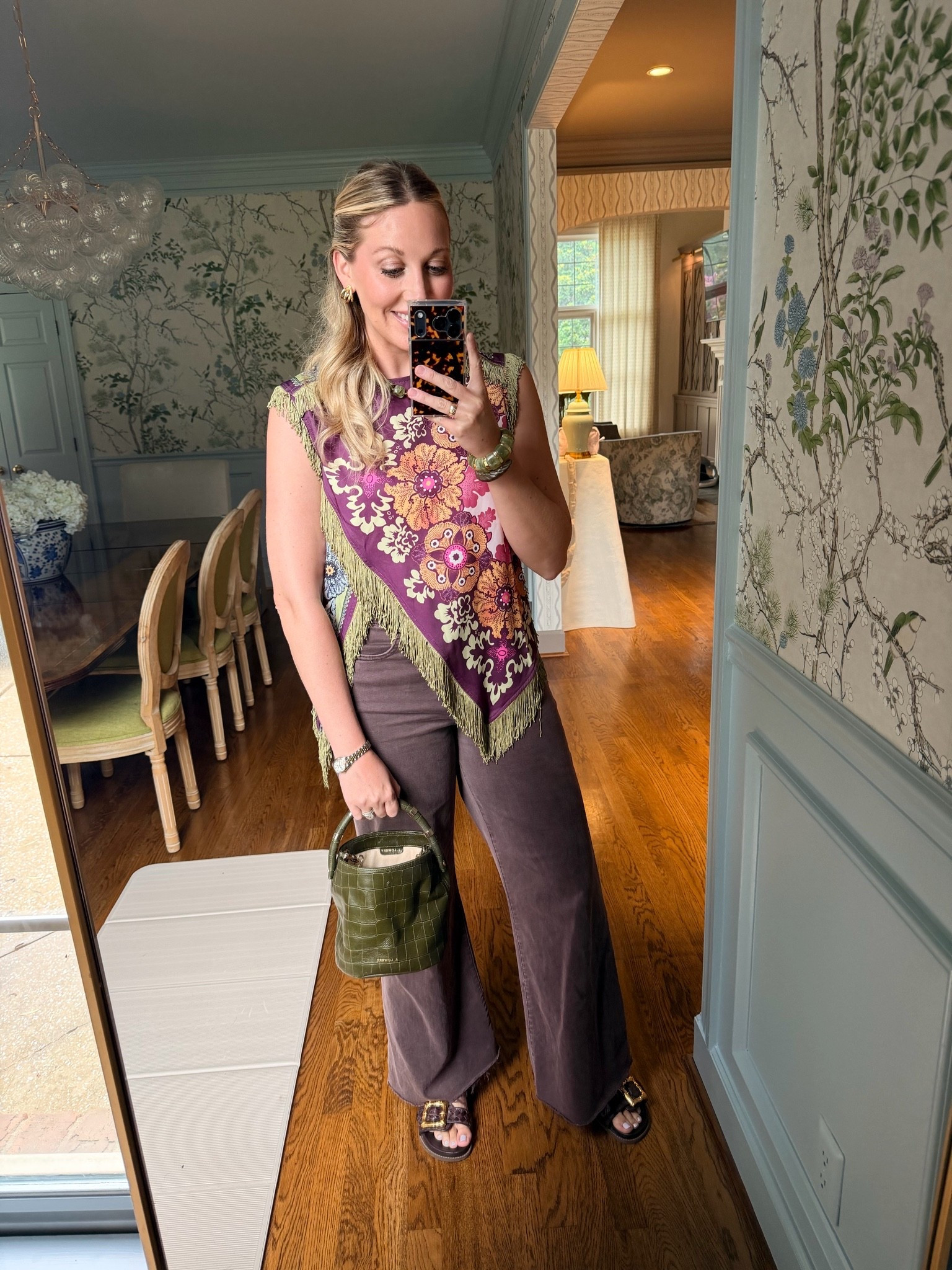 Date night outfit! Top you can find on TikTok shop and other random sites. Mini bucket bag linked (green is sold out but comes in black) and Amazon watch. Jeans are Dear John