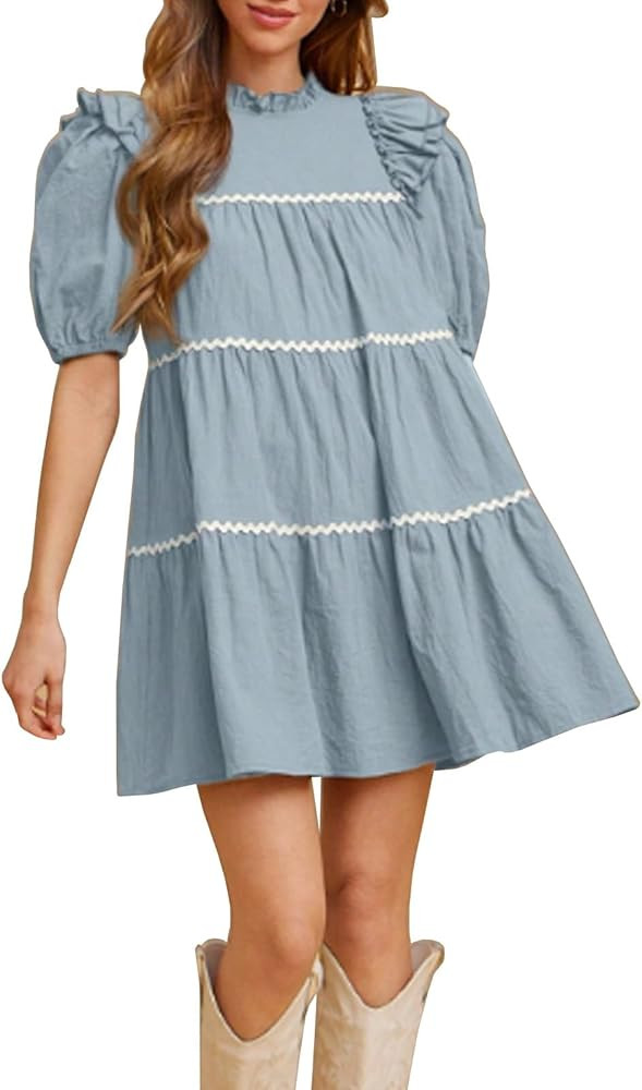 Women's Summer Petite Short Dress Babydoll Skirts Ruffle Sleeve Dress with Mini Round Neck Loose ... | Amazon (US)