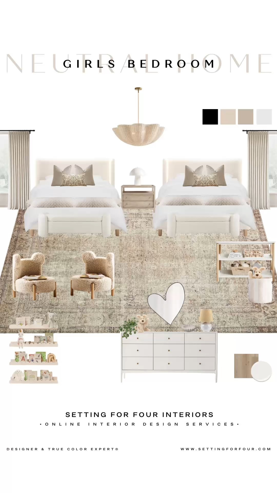 Shared girls bedroom mood board and decor ideas. Designer and True Color Expert picks. Twin girls bedroom, twin bedroom design ideas, 
Neutral, kids room, upholstered bed, nightstand, area rug, white, beige, pink, greige, play chairs, dresser, heart, desk, office chair, curtains, earthy, woven pendant light, Pottery Barn style, Crate & Barrel, Target, Walmart, Amazon, 


#LTKFindsUnder50 #LTKSaleAlert

#LTKhome #LTKsale #LTKkids