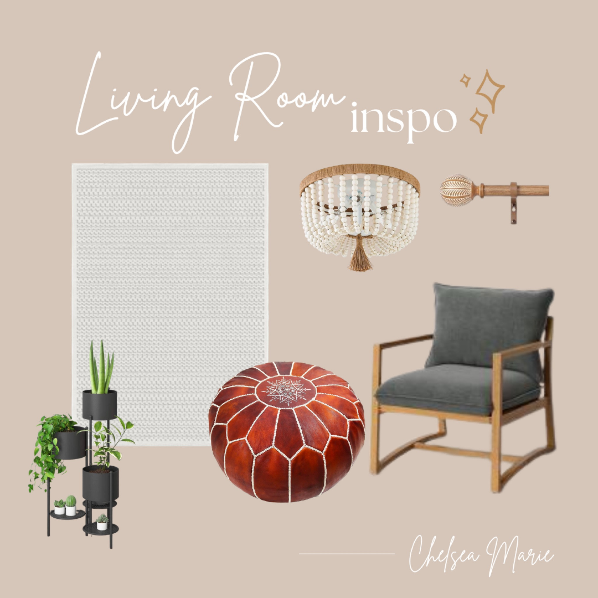 some favorite boho style pieces in our living room: wood bead flush lights, boho curtain rod from Target, black modern planter, boho poufs, modern boho rug, modern boho accent chairs. 

#LTKhome