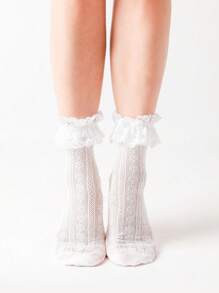 1 Pair Of Women's Solid Color Romantic Pleated Lace Trimmed Heart-Shaped Small Leg Socks. Cute Ho... | SHEIN