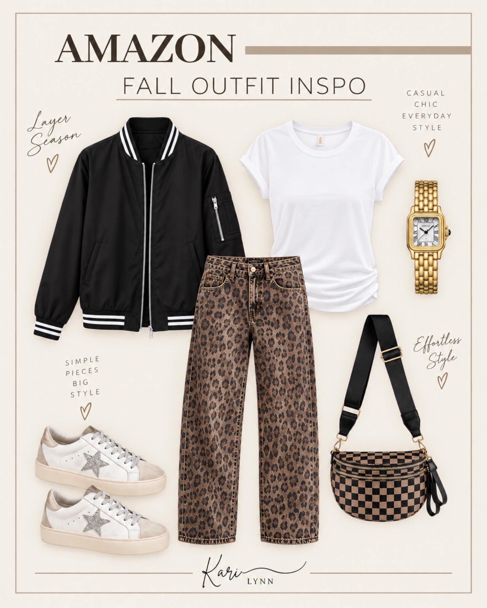 Fall outfit inspo, Amazon edition 🤎🍂
A few easy pieces that make such a cute everyday look — leopard denim, a classic bomber, comfy sneakers + simple accessories.