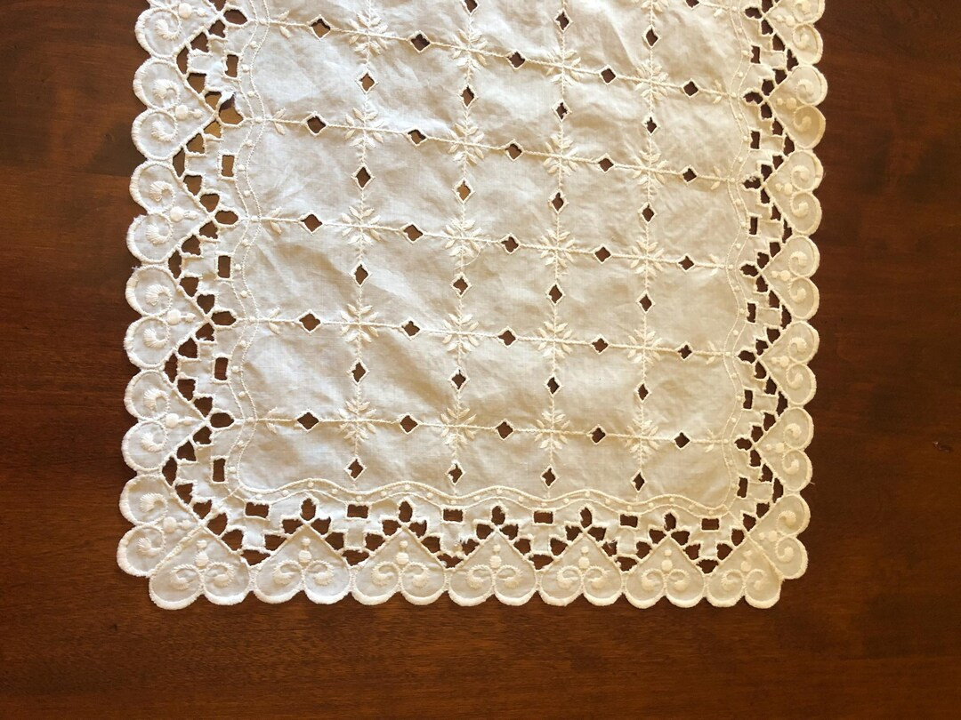 Long Off-white Cotton Table Runner With Windowpane Embroidery and Heart Scalloped Border and Cutw... | Etsy (US)