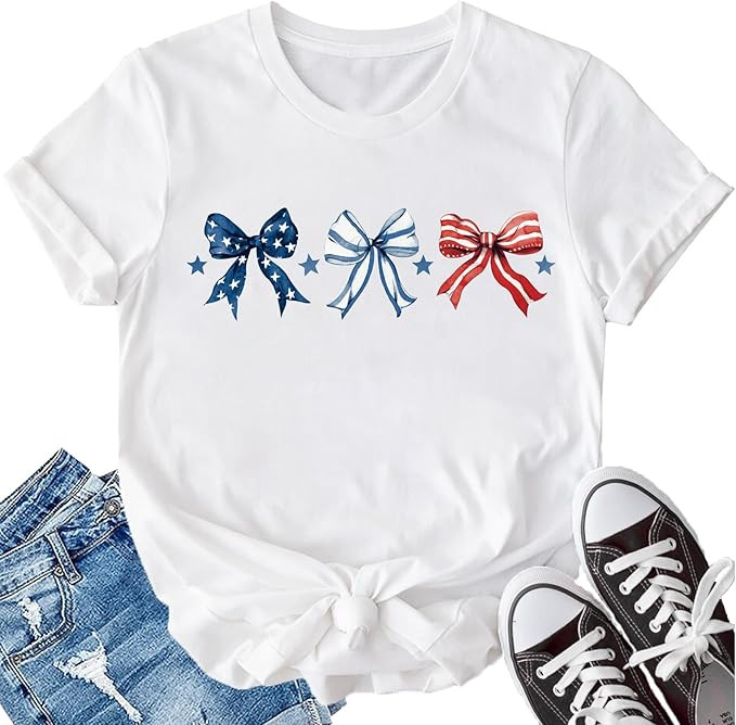 LBP American Flag Shirt Women USA Bow Flag Shirts Patriotic T-Shirts Happy 4th of July Tee Tops | Amazon (US)