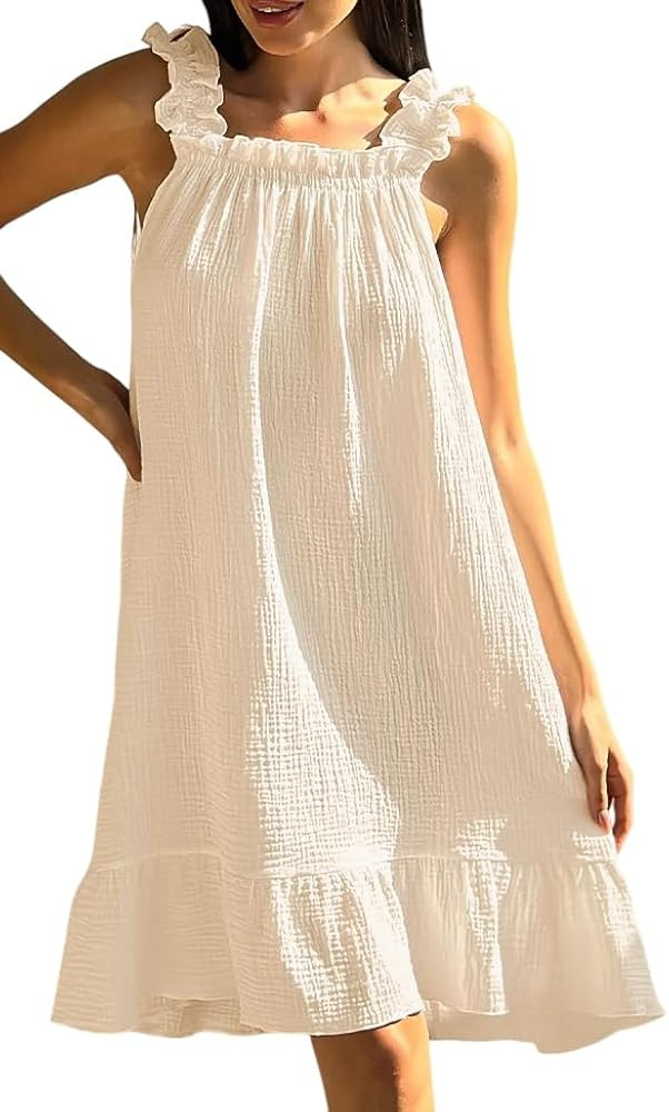 codcm Women's Cotton Gauze Nightgown Sleeveless Ruffle Dress Frill Strap Short House Dress Comfy ... | Amazon (US)
