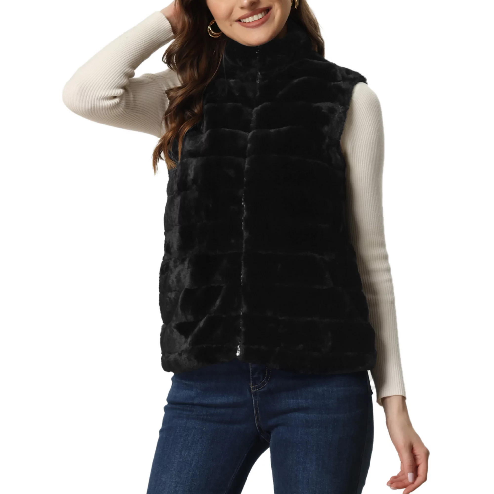 Fluffy Vest Jacket for Women's Stand Collar Warm Faux Fur Winter Sleeveless Coat | Kohl's