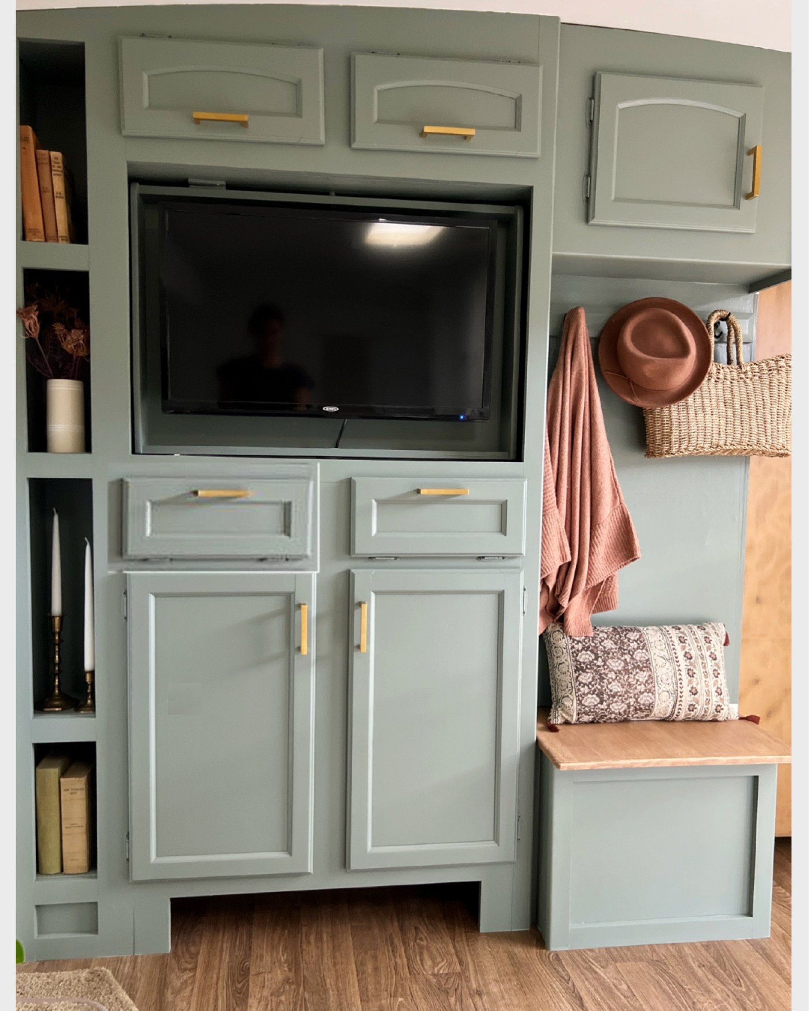 Camper entryway space decorated for fall with affordable finds. RV, Threshold, Studio McGee, Hearth & Hand, throw pillow, basket, bench, faux plant, floral arrangement, modern farmhouse, cottage, fall decor, camping, glamping 

#LTKSeasonal #LTKhome #LTKstyletip