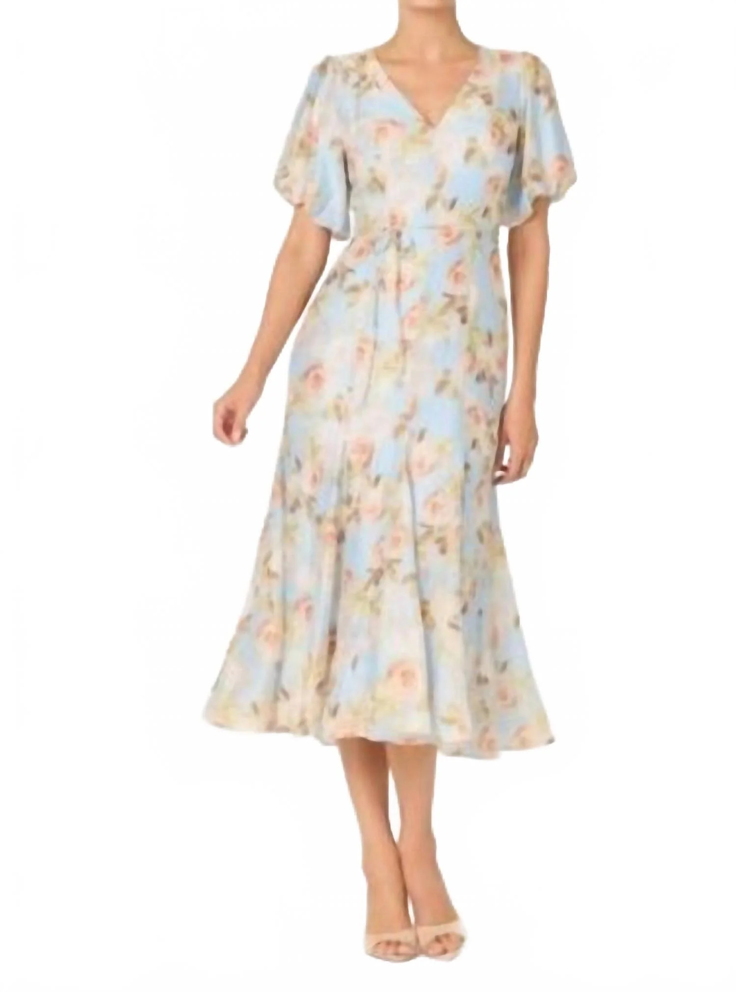 Lavena Balloon Sleeve Midi Dress In Blue Floral | Shop Simon