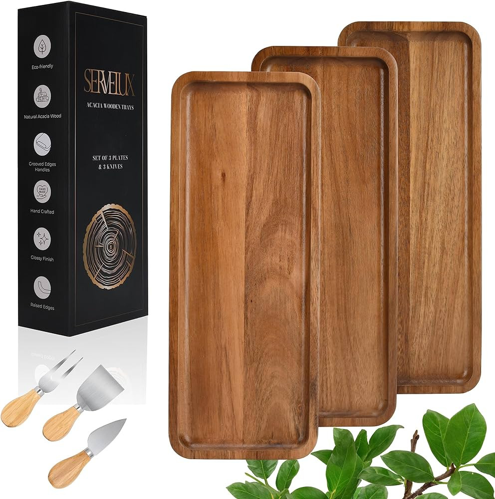 Acacia Wood Serving Tray Serving Board, A Set of 3 Solid Wooden charcuterie Board & Cheese Knives... | Amazon (US)