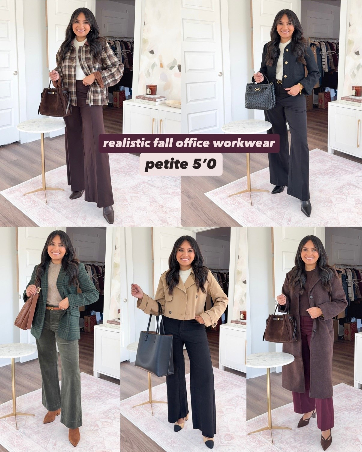 Realistic fall office workwear outfits!
For reference: I’m 5’0, 32b bra size, and 2/26 in bottoms, pear shaped. 
*Everything I share is unaltered! TTS means true to size.

Brown coffee plaid jacket size small TTS
Cream sweater size xxs regular TTS
Brown pants - old, similar linked
Dark brown kitten heel boots size 5.5 TTS

Black tweed boucle jacket size xs TTS
Cream sweater size xxs regular TTS
Black/brown reversible belt size xs TTS
Black leather boots size 5.5 TTS

Green plaid blazer size 0 petite TTS
Light brown sweater size xxs regular TTS
Brown/black reversible belt size xs TTS
Green spanish moss corduroy pants size 26 petite TTS
Brown medium natural boots size 5.5 TTS

Cropped trench size xxs regular TTS 
Cream sweater size xxs regularTTS 
Black jeans size small TTS 
Sling backs are from Chanel size 35 TTS - similar linked

Brown dark coffee coat size xs petite TTS
Brown cocoa berry sweater size xxs regular TTS
Burgundy pants size 2 petite TTS
Brown heels size 5 TTS

fall workwear
realistic fall outfits
smart casual work outfits
petite workwear
office outfit ideas
fall office outfits
workwear capsule wardrobe
affordable fall fashion
petite fall outfits
business casual fall outfits
everyday fall style
neutral fall outfits
petite style inspo
fall outfit ideas
elevated fall workwear
petite friendly pieces
Rachel Miranda Blog
Honeysweetpetite
Honey Sweet Petite


#LTKSaleAlert #LTKPetite #LTKWorkwear