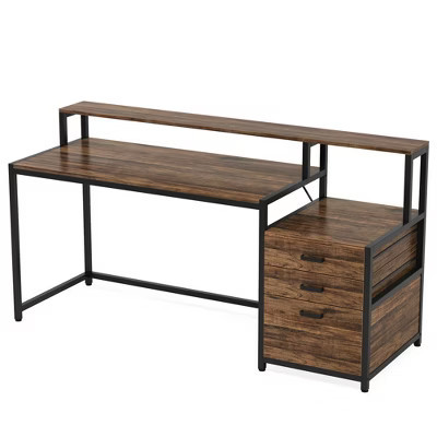 Resenkos Computer Desk, Office Desk, Study Desk,63" Computer Desk, Ergonomic Office Desk with Drawers & Monitor Stand,Rustic Brown | Target