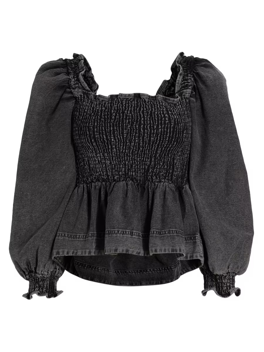 SOMETHING NAVY Smocked Puff-Sleeve Top | Saks Fifth Avenue