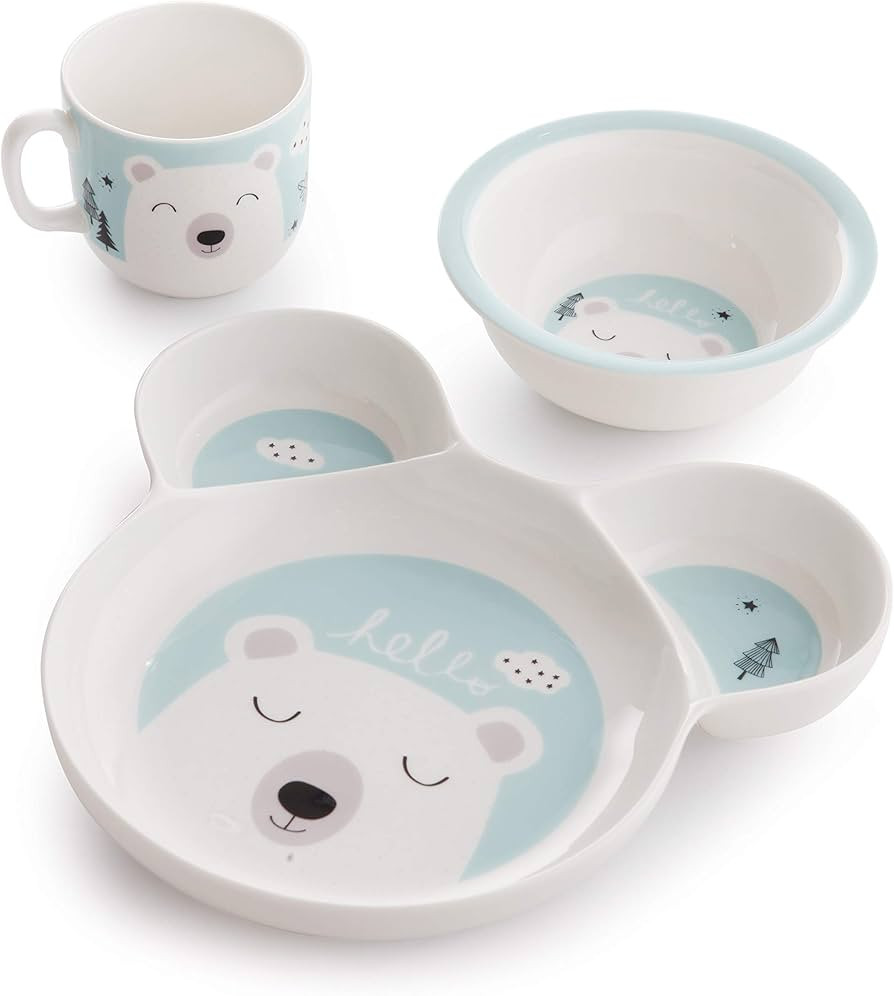 ZEN Hello Hello Porcelain Childrens Kids Dinner Set of 3 (BLUE) | Amazon (US)