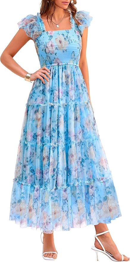 PRETTYGARDEN Women's Summer Tulle Midi Dress Sleeveless Smocked Ruffle Flowy Mesh Dresses Party W... | Amazon (US)