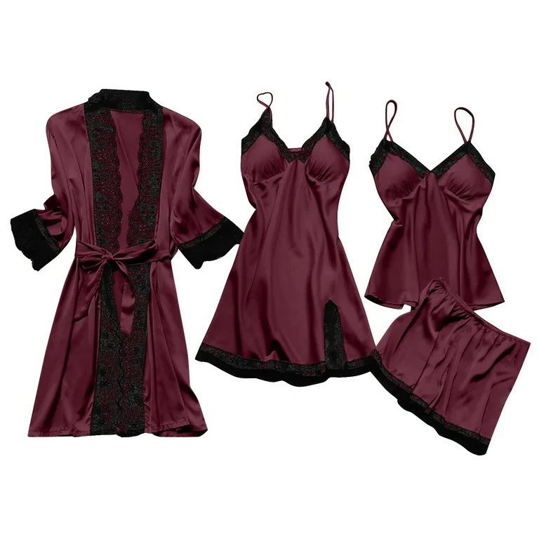 Womens 4pcs Pajamas Set, Soft Silk Satin Sleepwear Lace Trim Nightdress Pj Set with Robe, Comfy H... | Walmart (US)