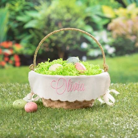 Brown Burlap Lined Easter Basket With Custom Name Embroidered In Taupe Thread On White Woven Bask... | Wayfair North America
