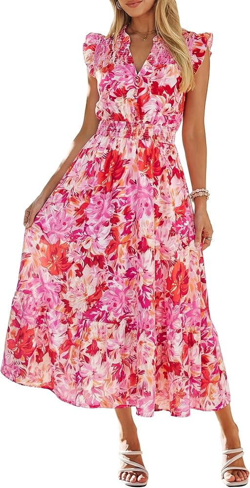 Simplee Womens Summer Floral Mixi Dress V Neck Ruffle Short Sleeve Flowy Dress Boho Casual Beach ... | Amazon (US)