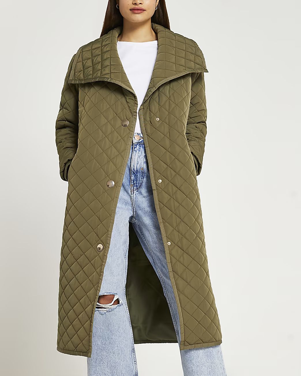 Khaki longline quilted coat | River Island (UK & IE)