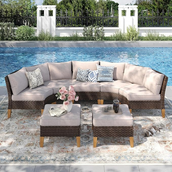 PHI VILLA 5-Piece Wicker Patio Furniture Set, Outdoor Sectional Sofa Conversation Set with Beige ... | Amazon (US)