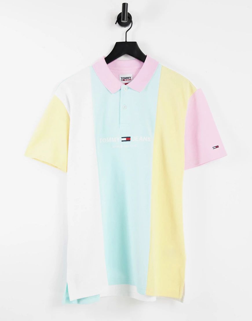 Tommy Jeans pastel capsule central logo colourblock pique polo in aqua coast green | ASOS (Global)