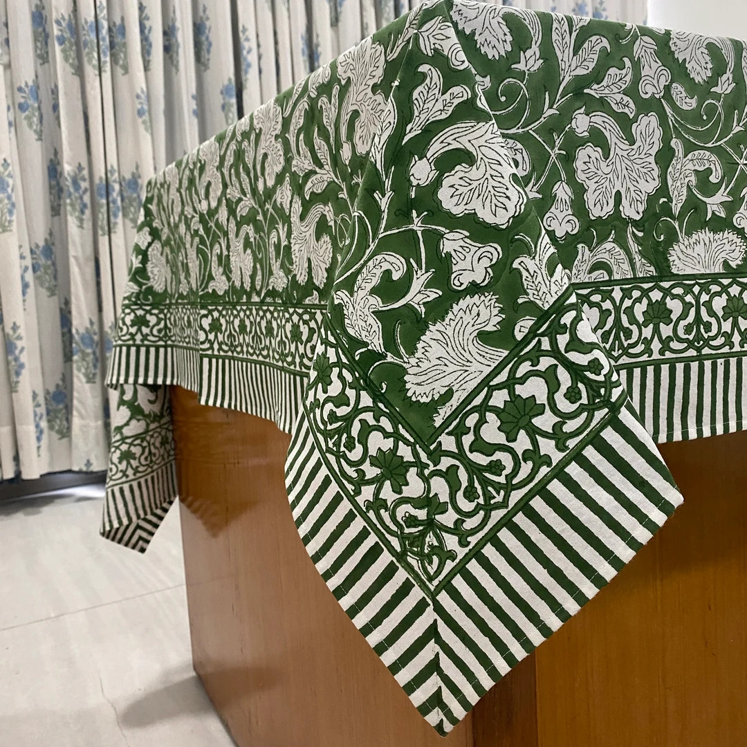 Pantone Artichoke Green and White Indian Floral Hand Block Printed Cotton Cloth Tablecloth, Table... | Etsy (US)