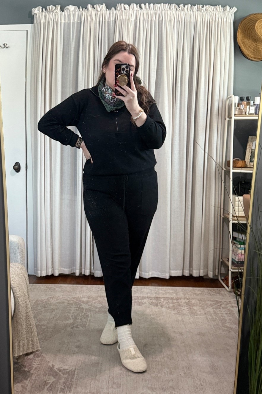 Cozy and work from home outfit details:
Amazon two-piece sweater set (half zip sweater top and sweater joggers), TTS in XL
Jcrew Factory ruffle socks
Bombas slippers
Amazon scarf 
Alex & Ani bracelets

#LTKWorkwear #LTKMidsize #LTKootd