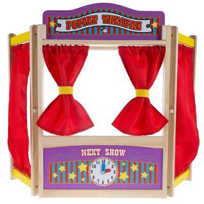 Toy Time Kids' Wooden Tabletop Puppet Theater With Curtains, Blackboard, and Clock - 26" x 30" | Target