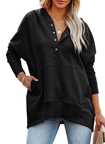 PRETTYGARDEN Loose Casual Button V Neck Hoodies for Women Long Sleeve Oversized Pullover Sweatshirt Hooded Tops Fall with Pockets (Black,Large) | Amazon (US)