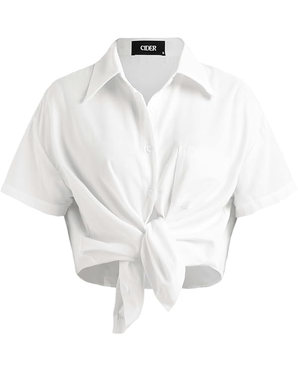 CIDER Collar Solid Knotted Short Sleeve Blouse | Amazon (US)
