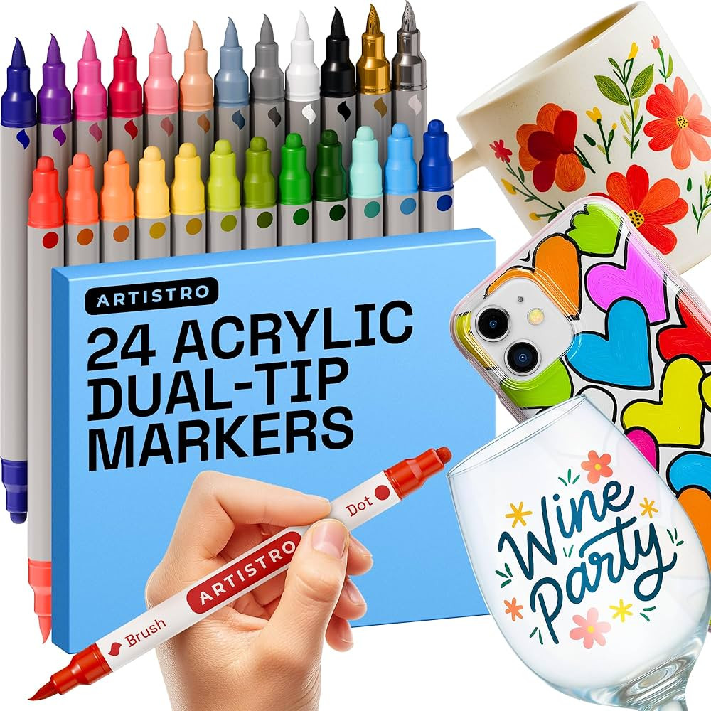 ARTISTRO 24 Wine Glass Acrylic Paint Markers - Washable Non-Toxic Dual Tip Acrylic Paint Pens for... | Amazon (US)