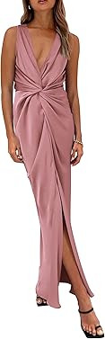 PRETTYGARDEN Women's Satin Ruched Bodycon Dress Summer 2023 Twist Front V Neck Sleeveless Split M... | Amazon (US)
