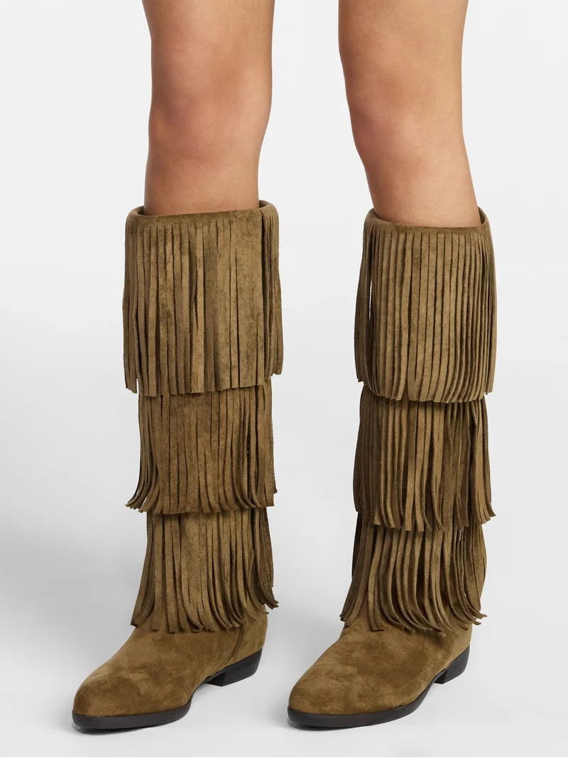 No Boundaries Tall Faux Suede Fringe Boots, Women's | Walmart (US)